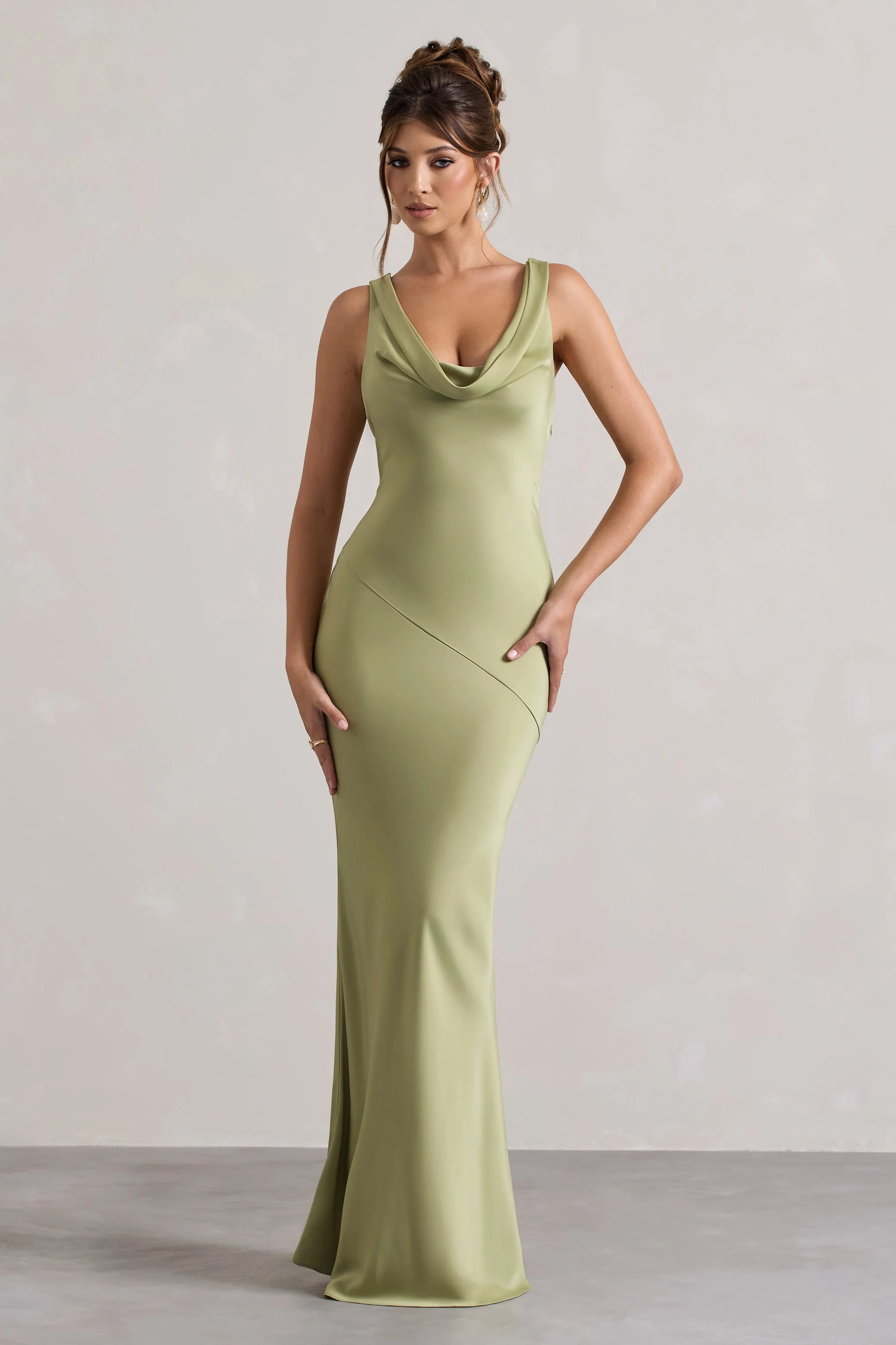 Light Olive Satin Cowl-Neck Maxi Dress