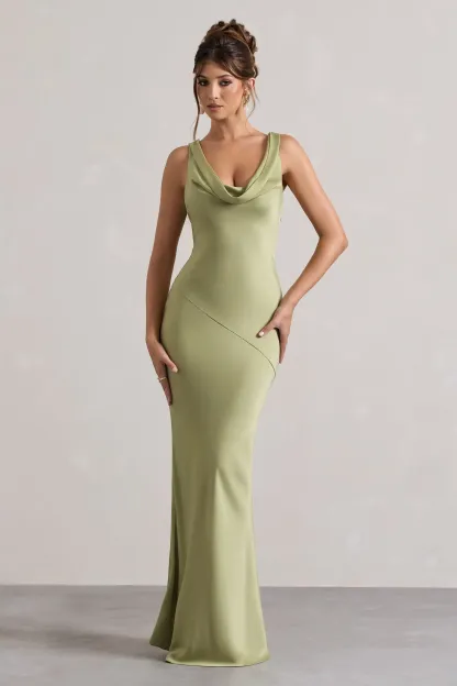 Light Olive Satin Cowl-Neck Maxi Dress