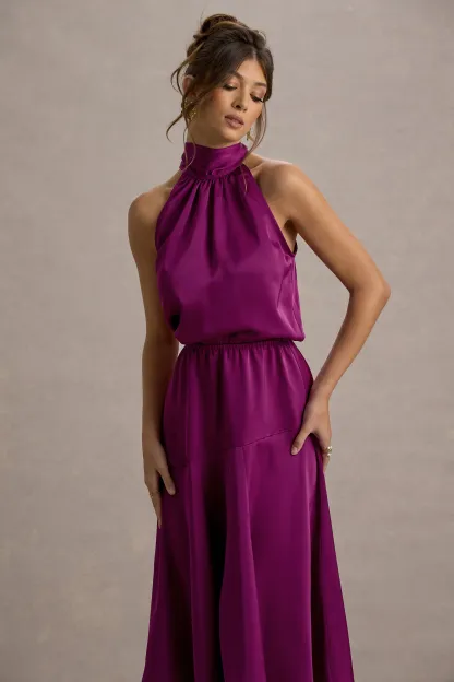 Dark Pink Satin High-Neck Split Midi Dress