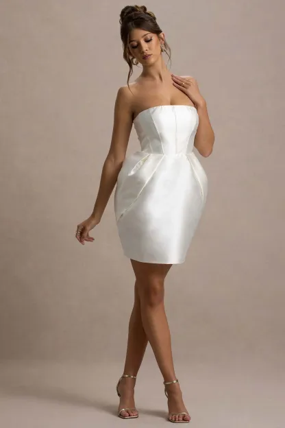 Ivory Bandeau Mini Dress With Tulip Skirt