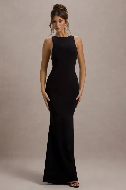 Black Boat-Neck Racer-Back Maxi Dress