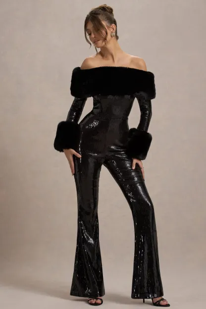 Black Sequin Bardot Flared-Leg Jumpsuit With Fur