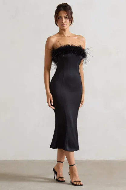 Black Satin Feather Trim Bandeau Midi Dress