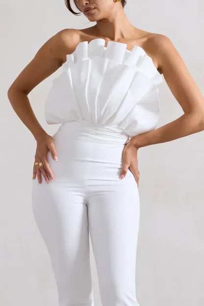White Ruffled Strapless Flared-Leg Jumpsuit