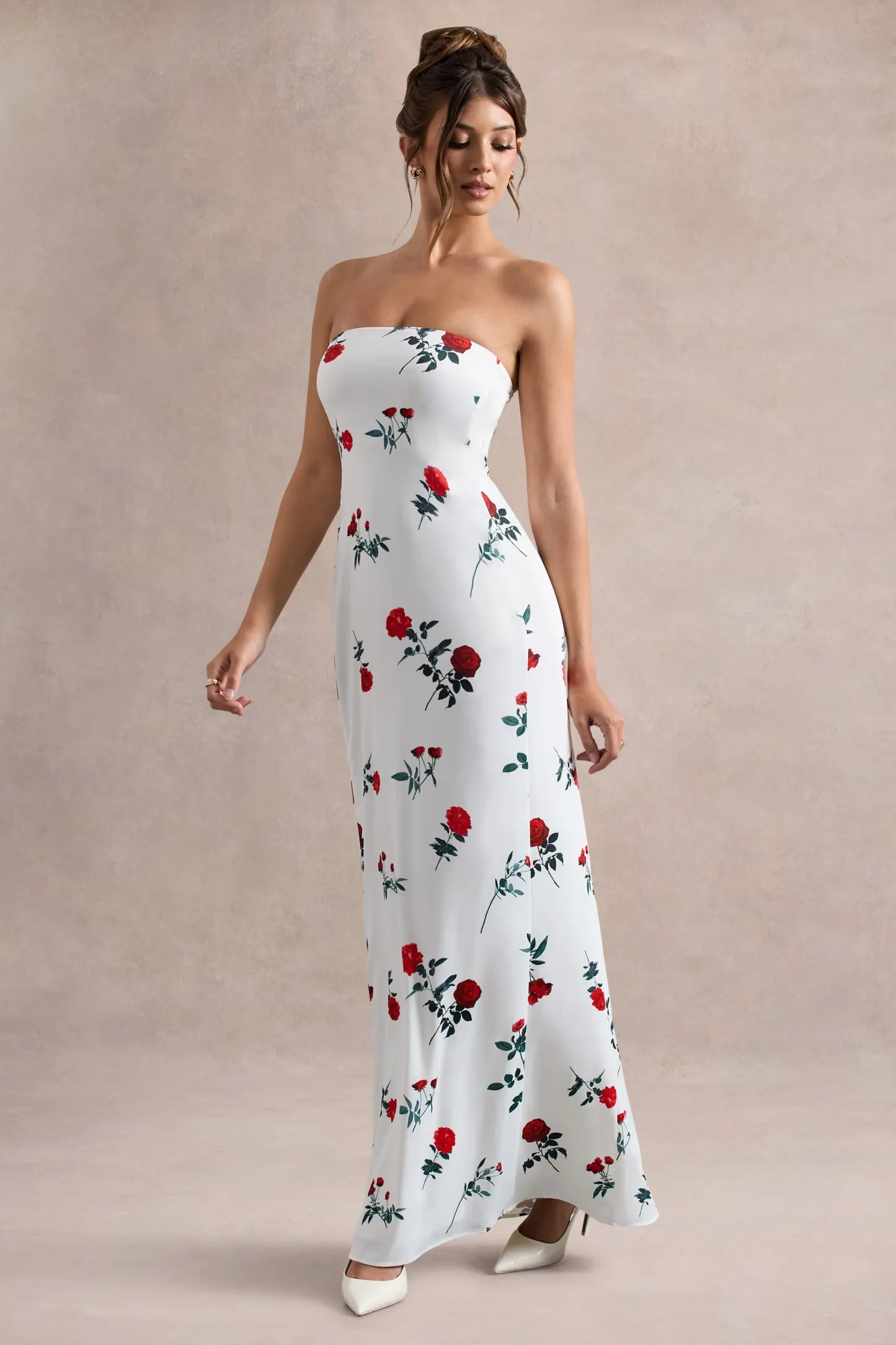 Rose Print Satin Bandeau Maxi Dress
