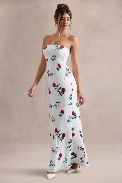 Rose Print Satin Bandeau Maxi Dress