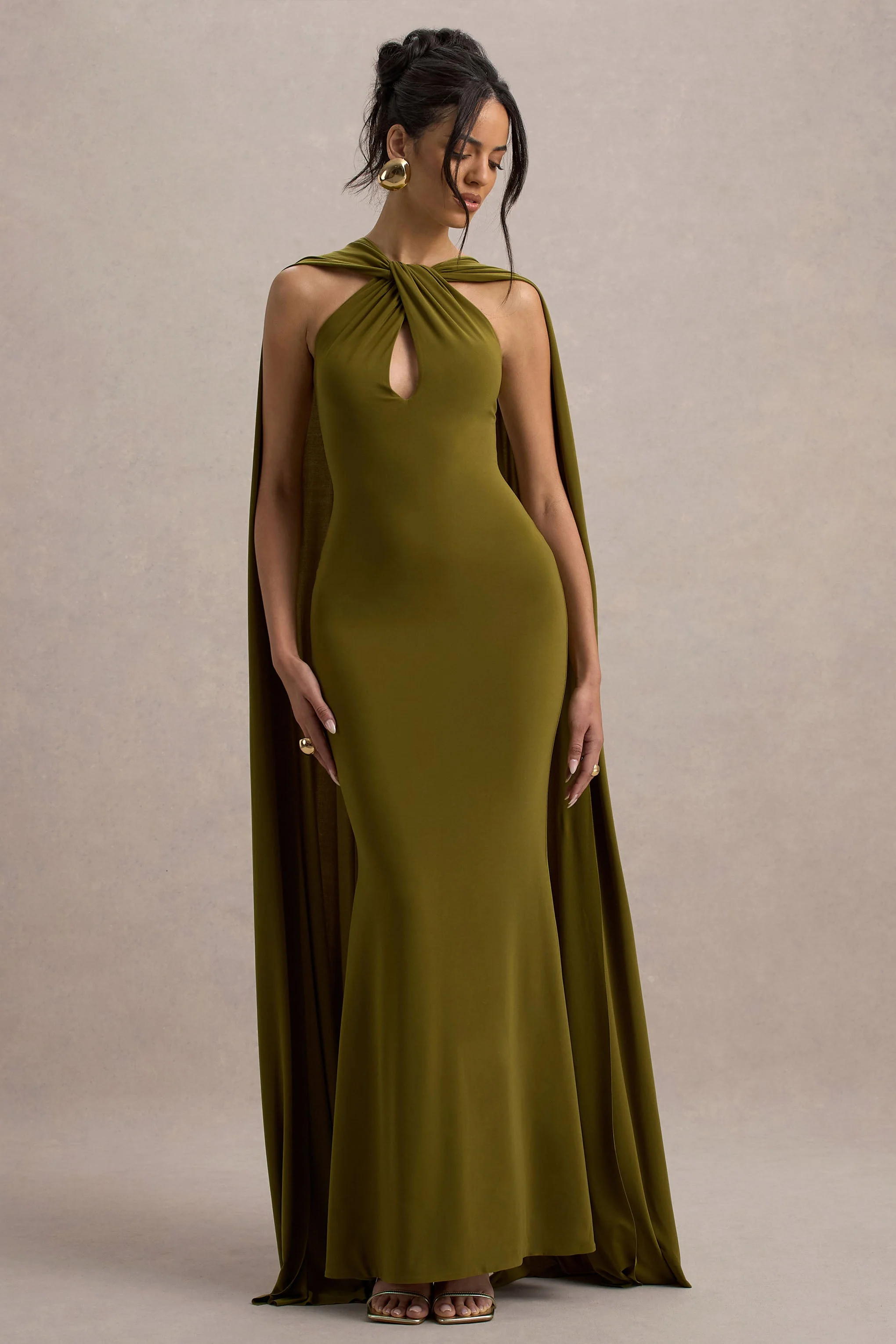 Green Twist Halter-Neck Cape Maxi Dress