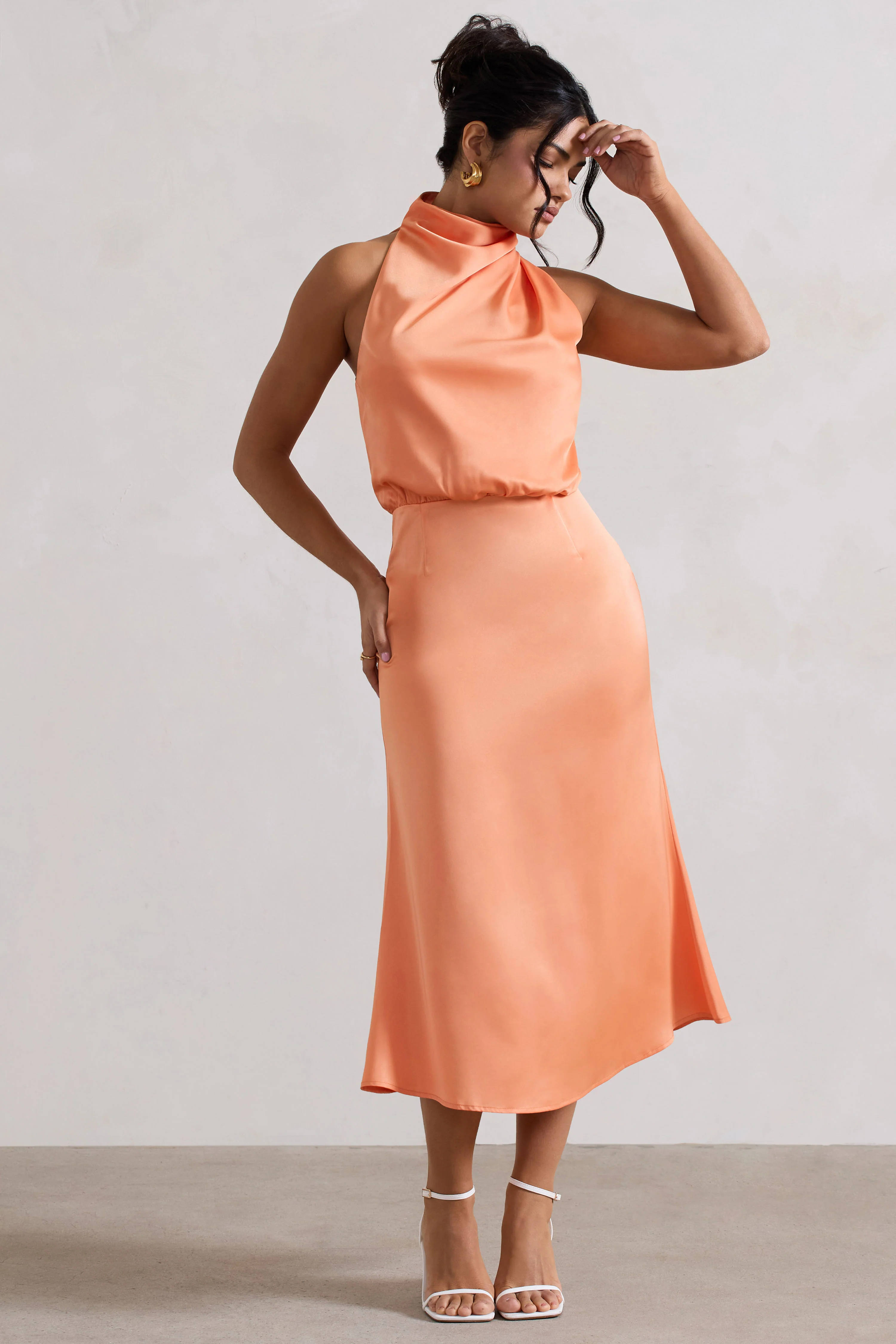 Peach Satin Twisted High-Neck Midi Dress