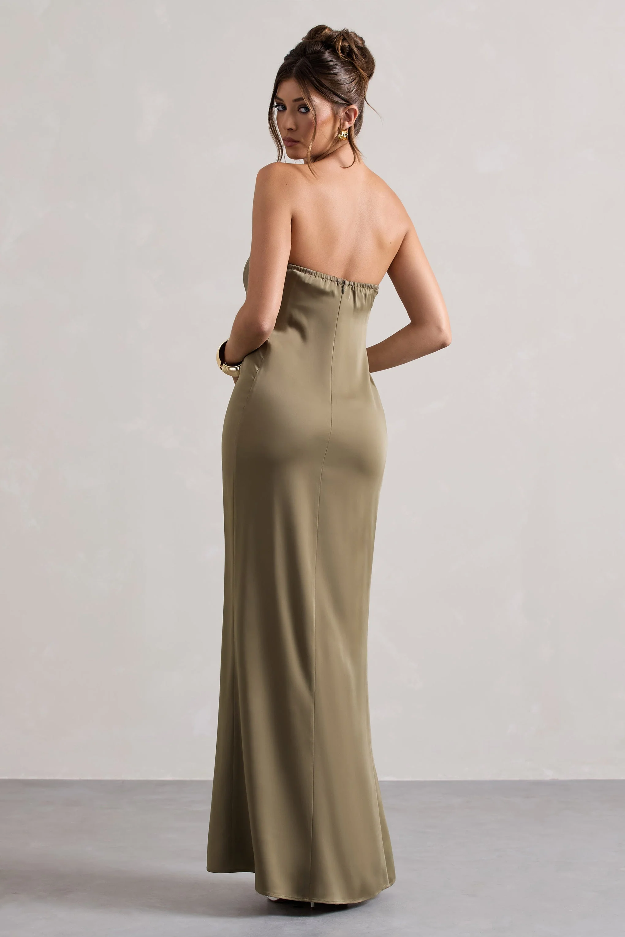 Olive Satin Bandeau Maxi Dress
