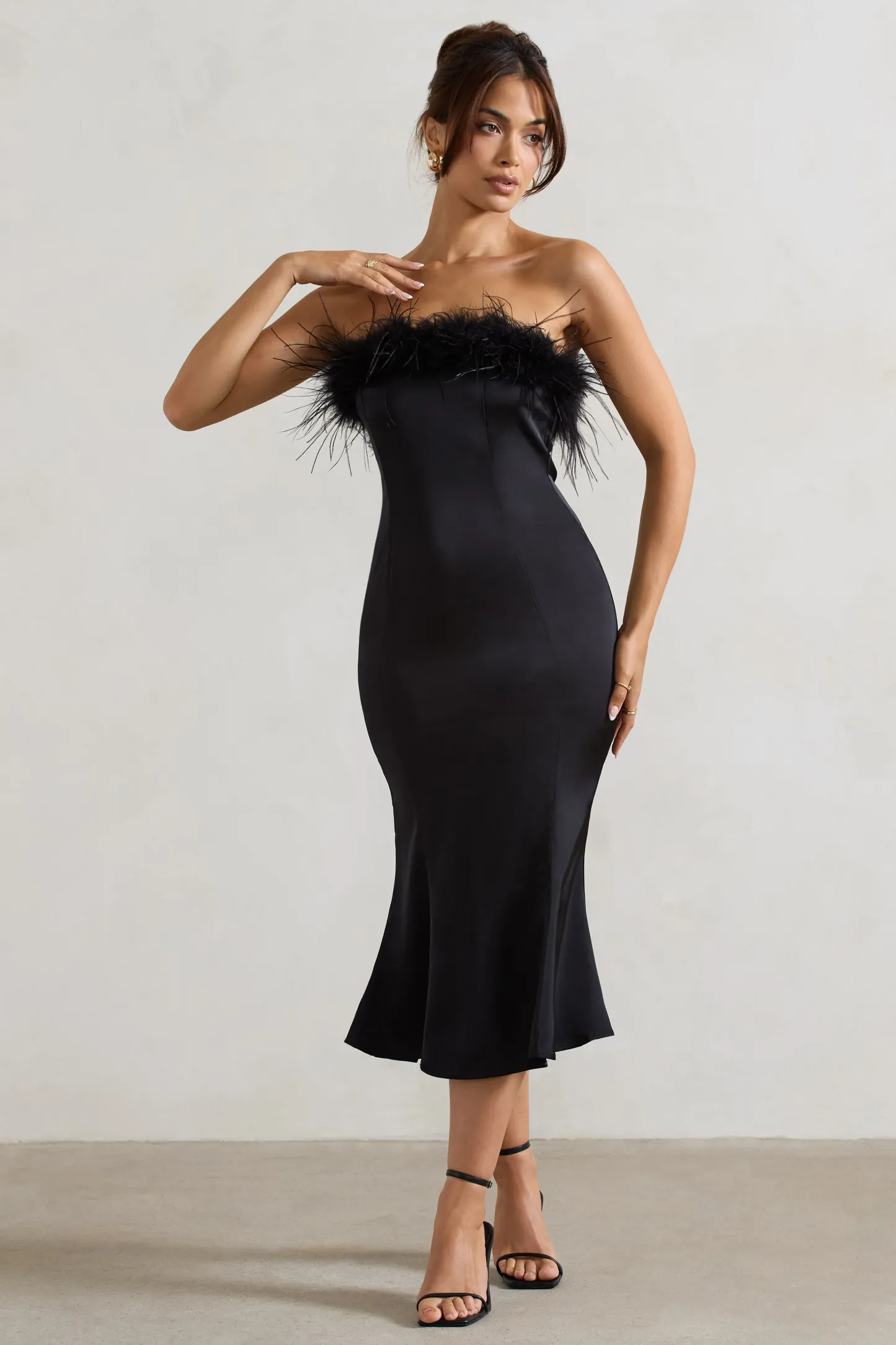Black Satin Feather Trim Bandeau Midi Dress