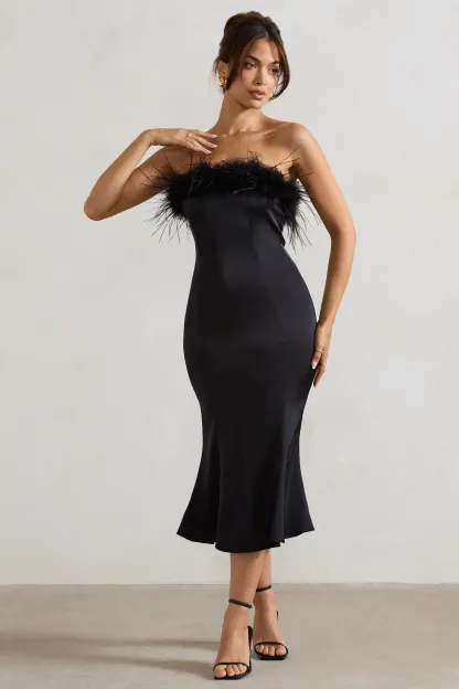 Black Satin Feather Trim Bandeau Midi Dress