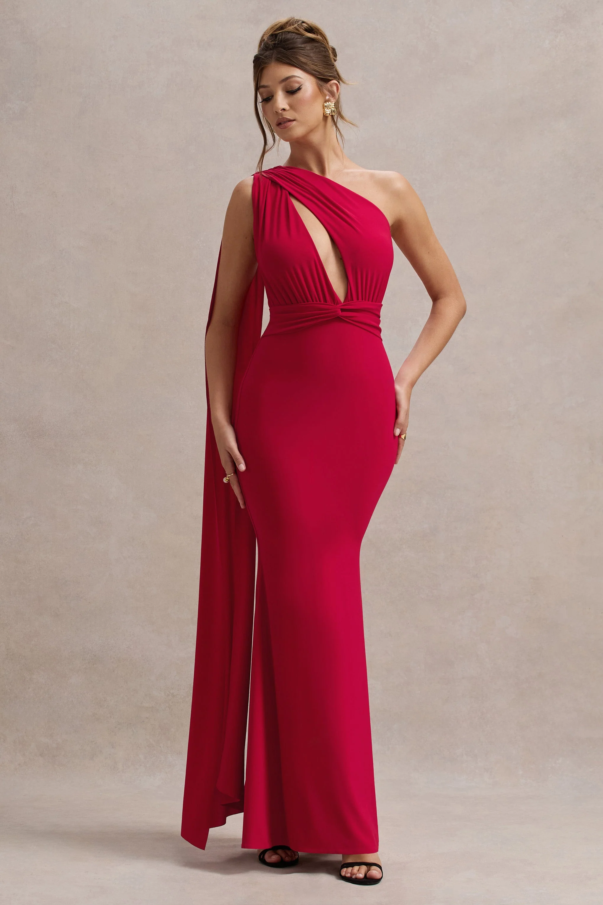 Red Asymmetric Knot Maxi Dress With Sash