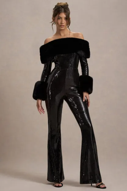 Black Sequin Bardot Flared-Leg Jumpsuit With Fur