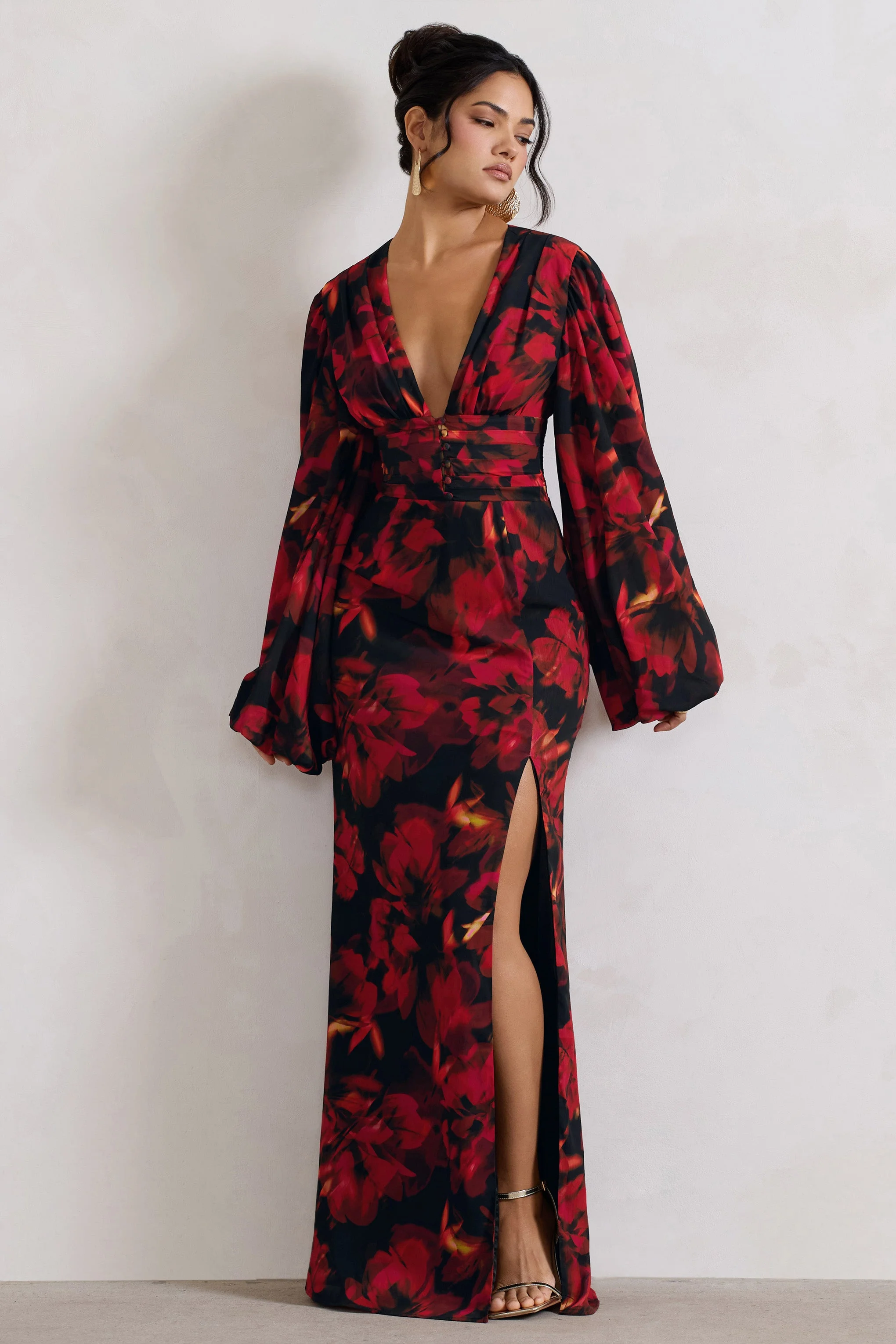 Red Floral Print V-Neck Balloon Sleeve Maxi Dress