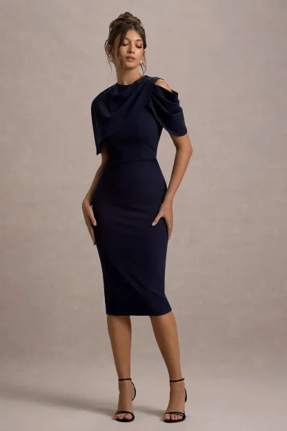 Navy Draped Midi Dress With Cape
