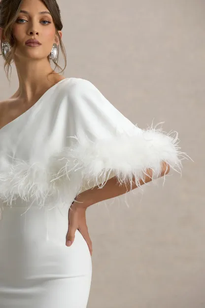 White Asymmetric Maxi Dress With Feather Trim