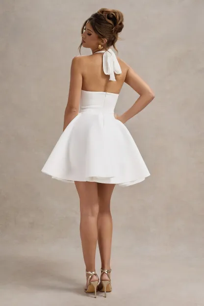 White Halter-Neck Skater Mini Dress
