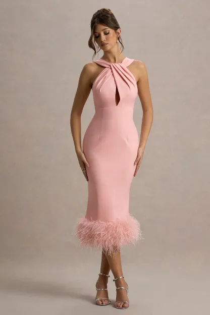 Pink Twist-Neck Feather Hem Midi Dress