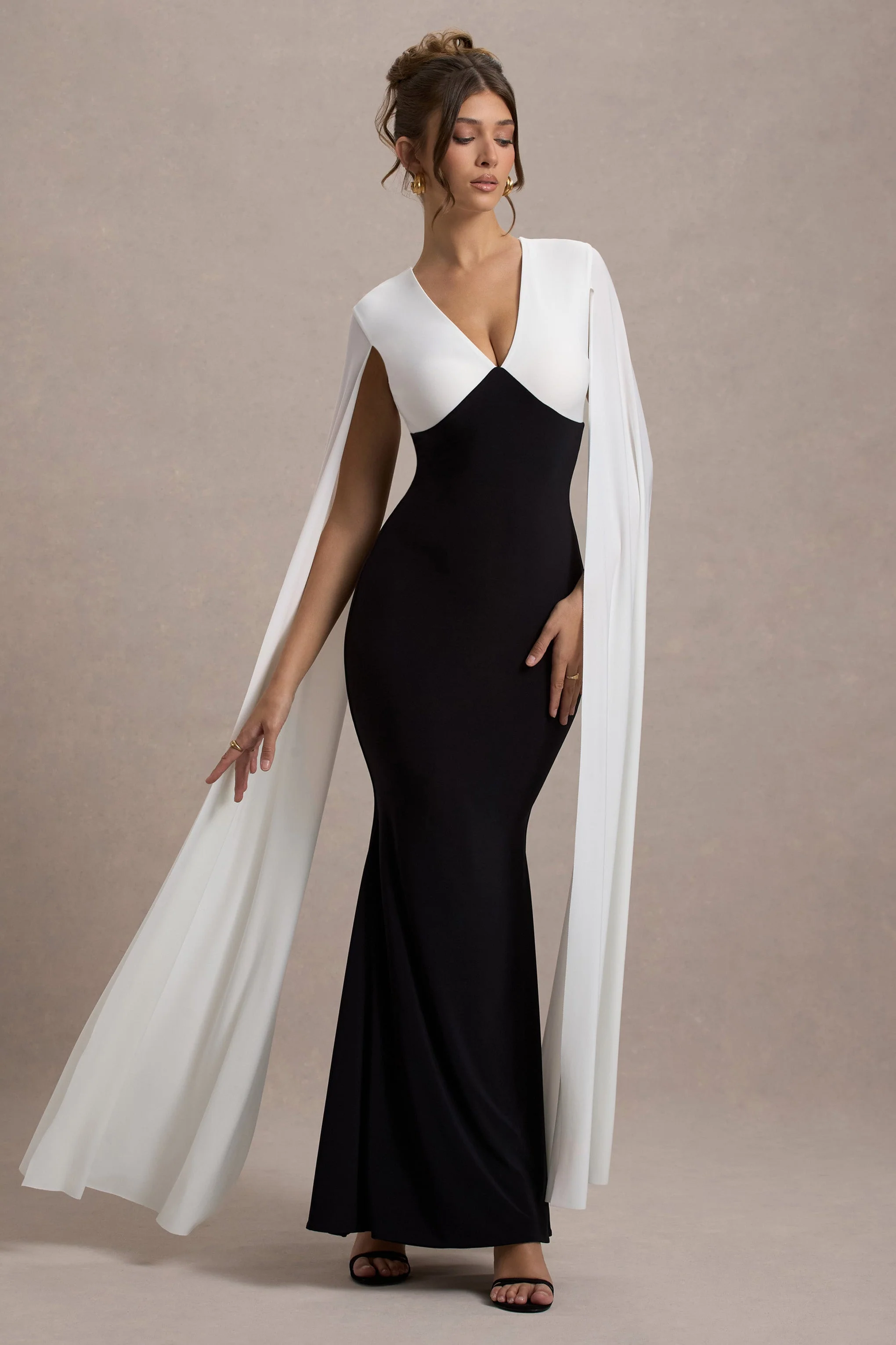 Black & White Plunge-Neck Maxi Dress With Cape Sleeves