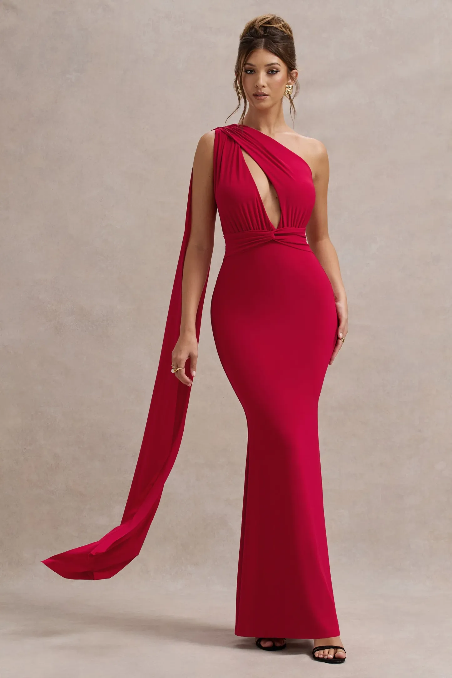 Red Asymmetric Knot Maxi Dress With Sash