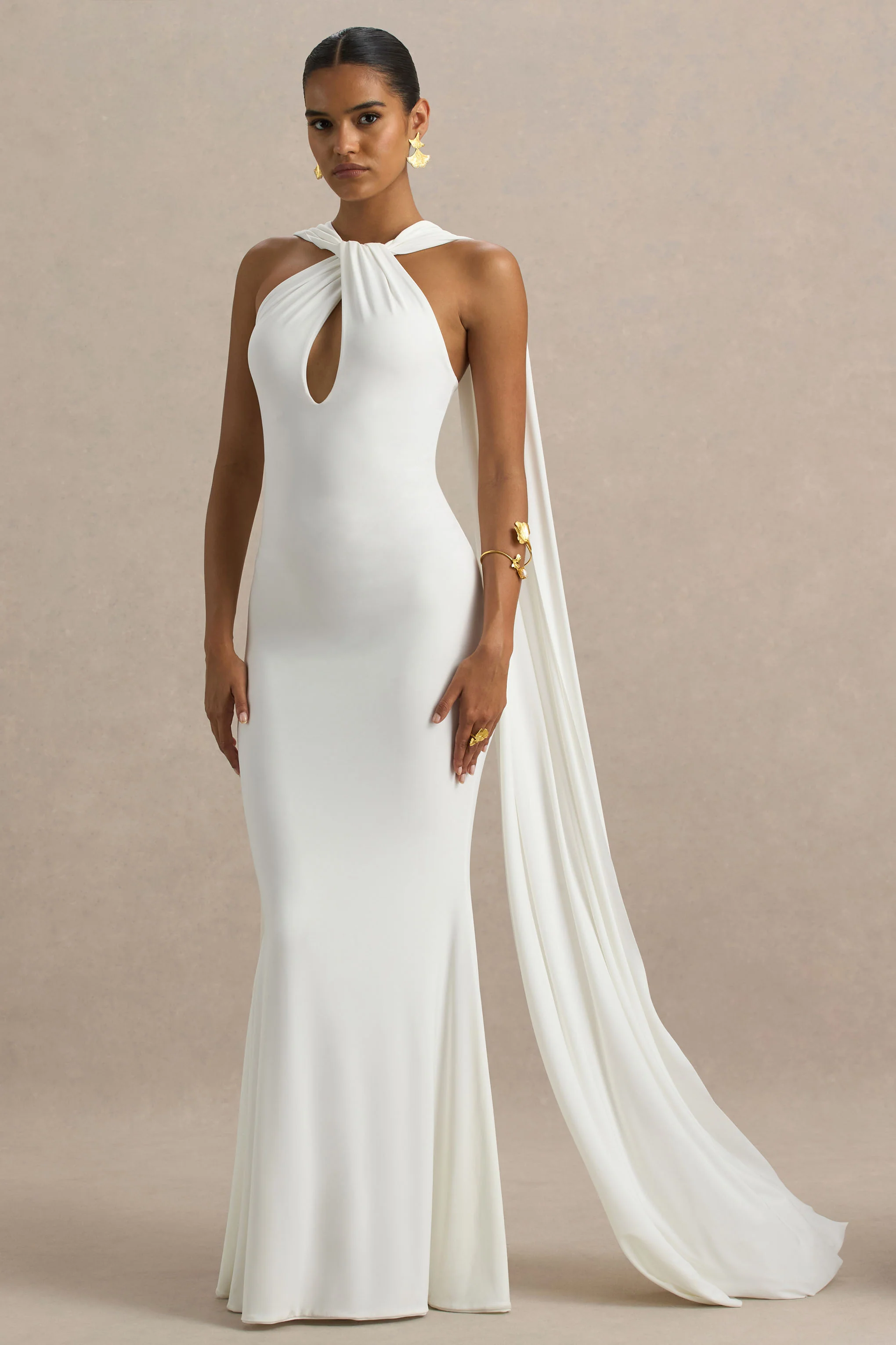 White Twist Halter-Neck Cape Maxi Dress