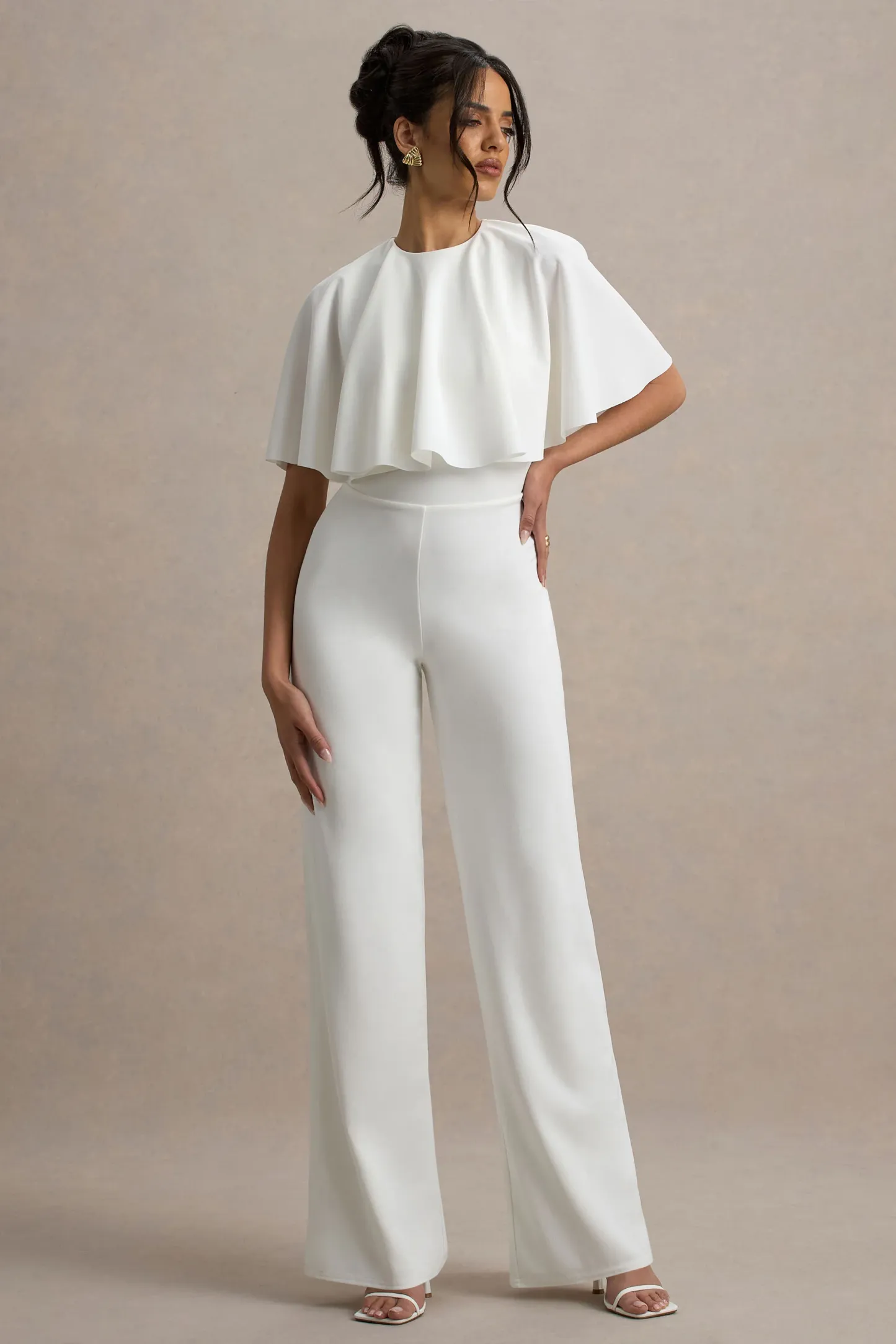 White Straight-Leg Jumpsuit With Cape