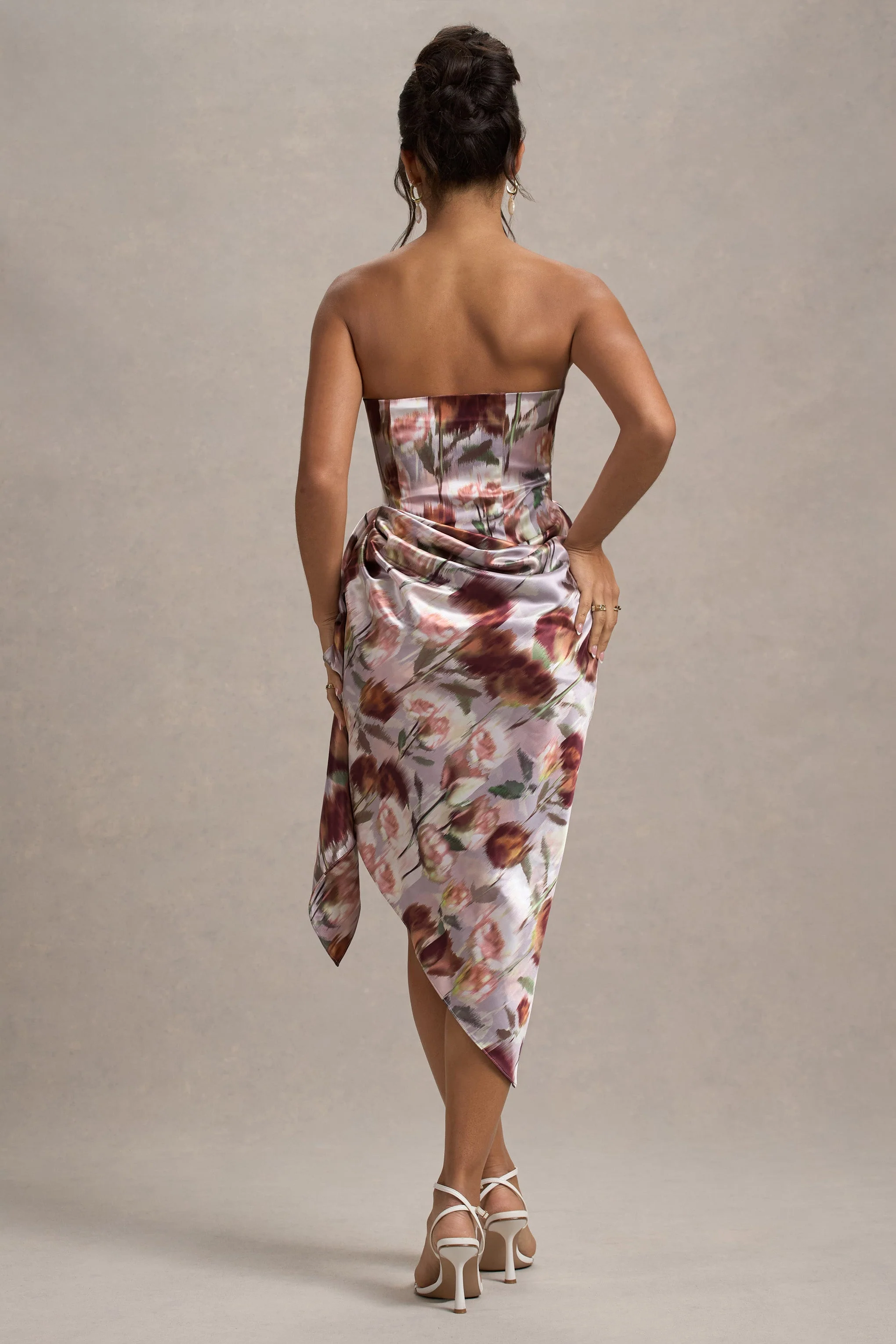 Cream Floral Print Satin Strapless Wrap Midi Dress