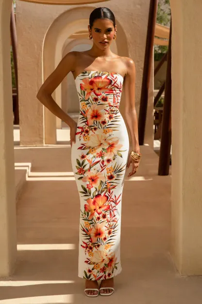 White Floral Print Bandeau Maxi Dress