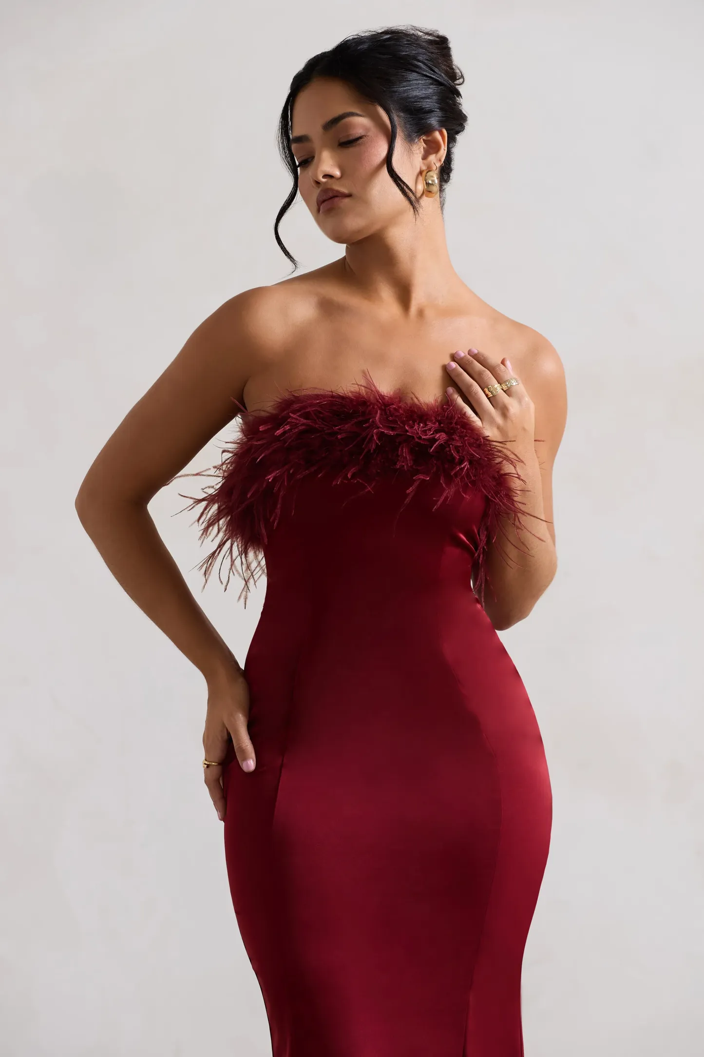 Berry Satin Feather Trim Bandeau Midi Dress