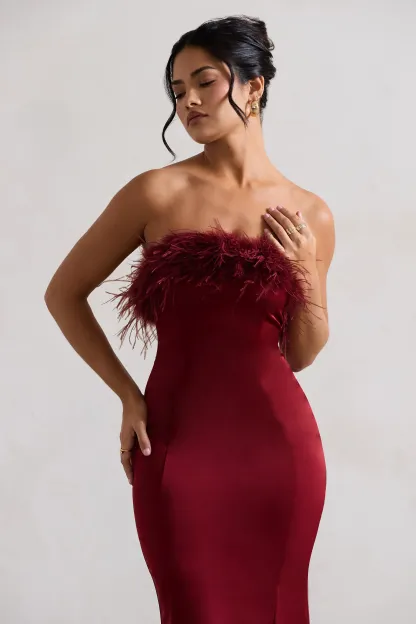 Berry Satin Feather Trim Bandeau Midi Dress