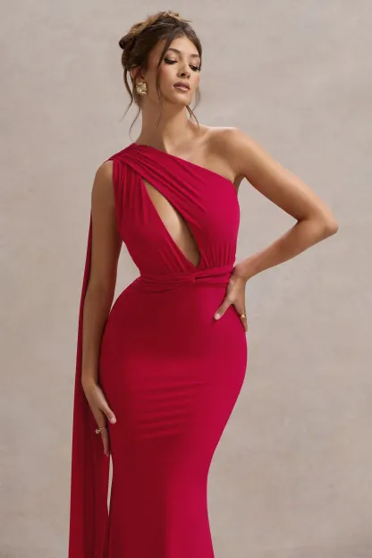Red Asymmetric Knot Maxi Dress With Sash