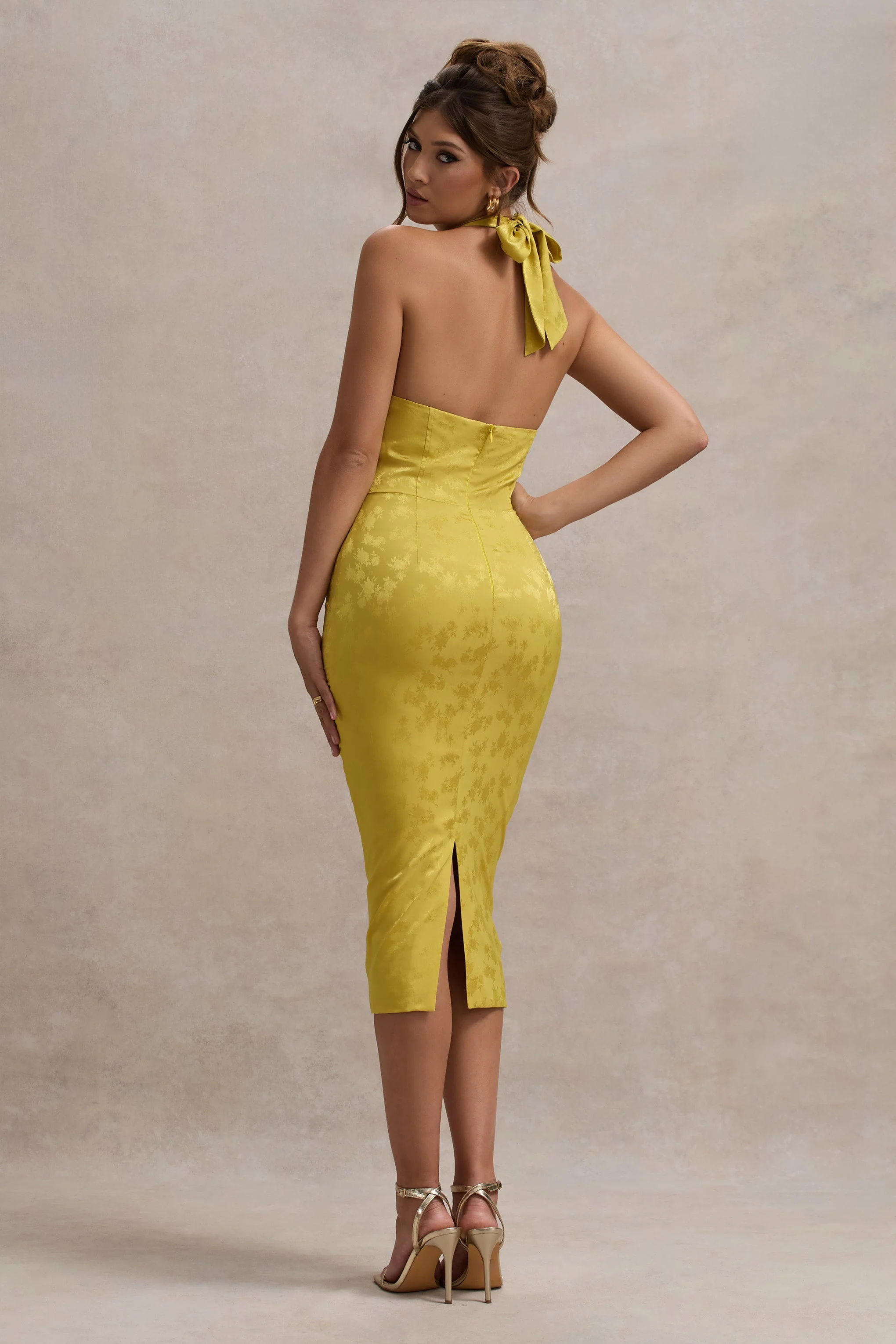 Mustard Satin Jacquard Cowl-Neck Midi Dress