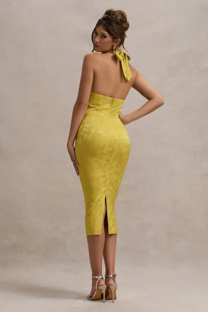 Mustard Satin Jacquard Cowl-Neck Midi Dress