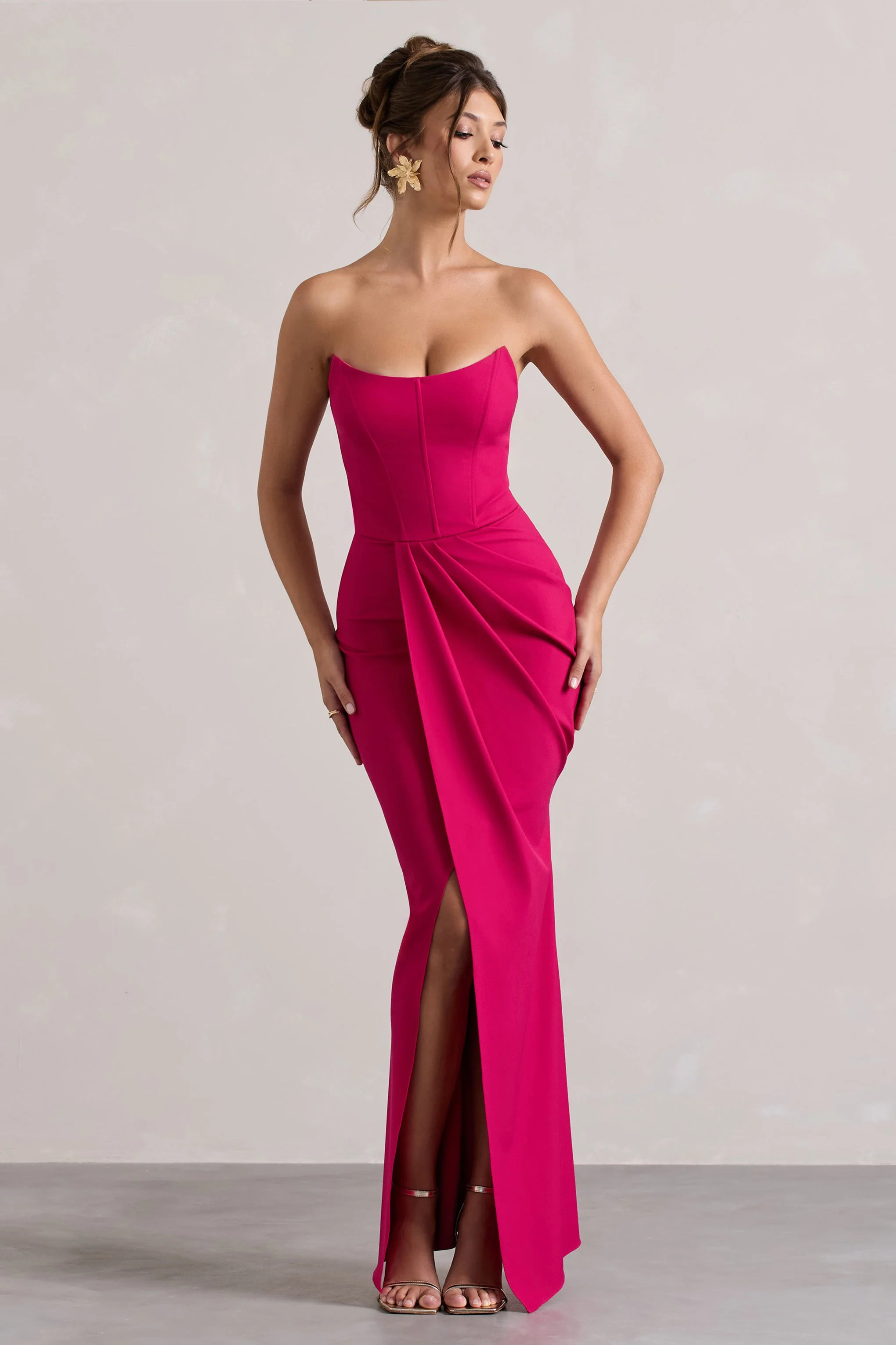 Hot Pink Strapless Corset Wrap Maxi Dress