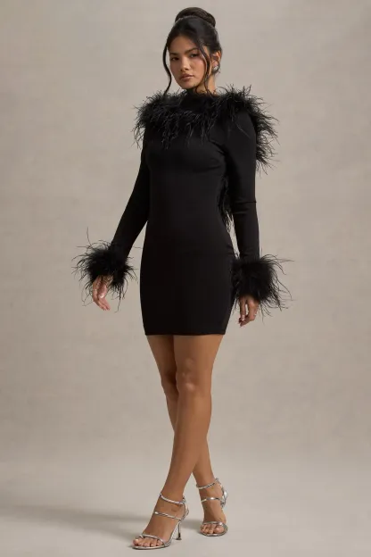 Black Long-Sleeve Low Back Mini Dress With Feather Trim