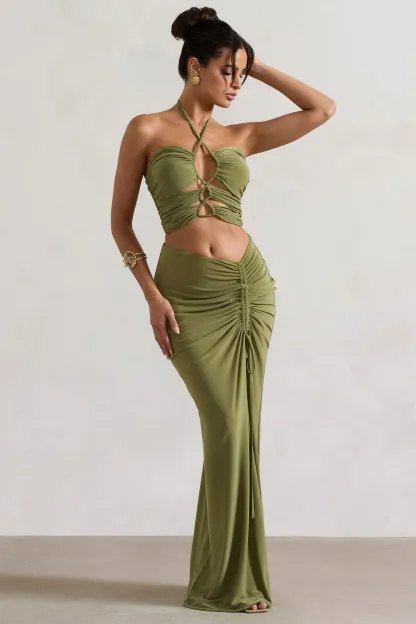 Olive Ruched Split Maxi Skirt
