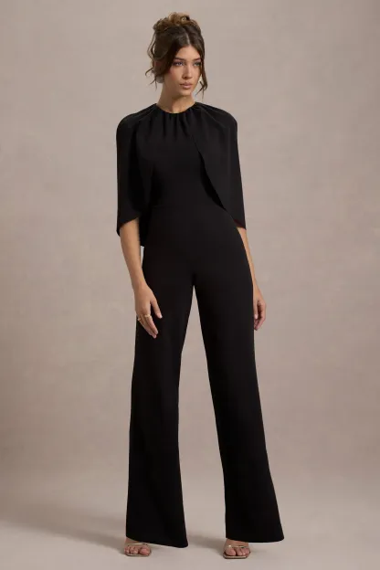 Black Cape-Sleeve Straight-Leg Jumpsuit