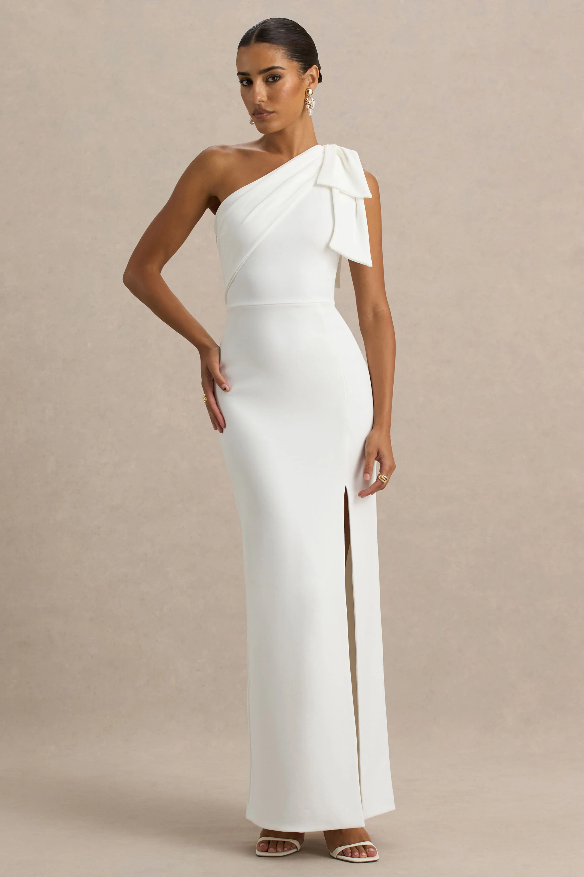 White One-Shoulder Bow Maxi Dress