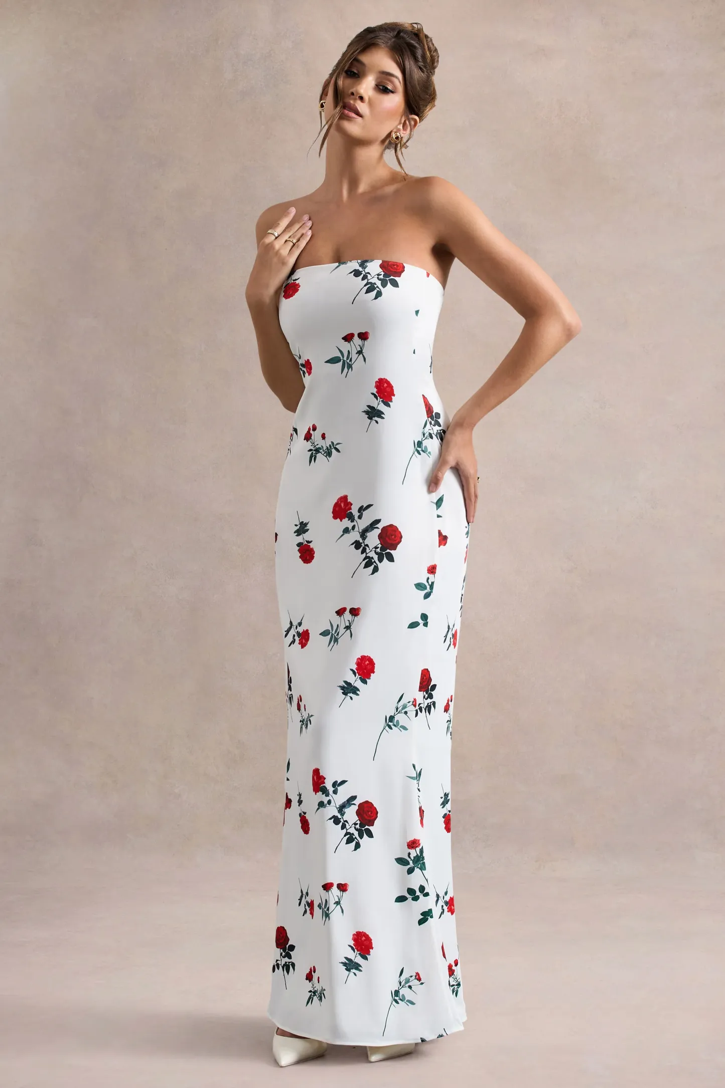 Rose Print Satin Bandeau Maxi Dress
