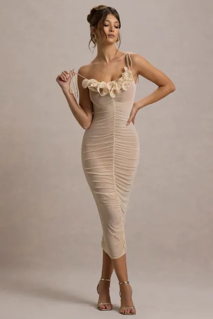 Cream Mesh Ruched Midi Dress With Ruffles
