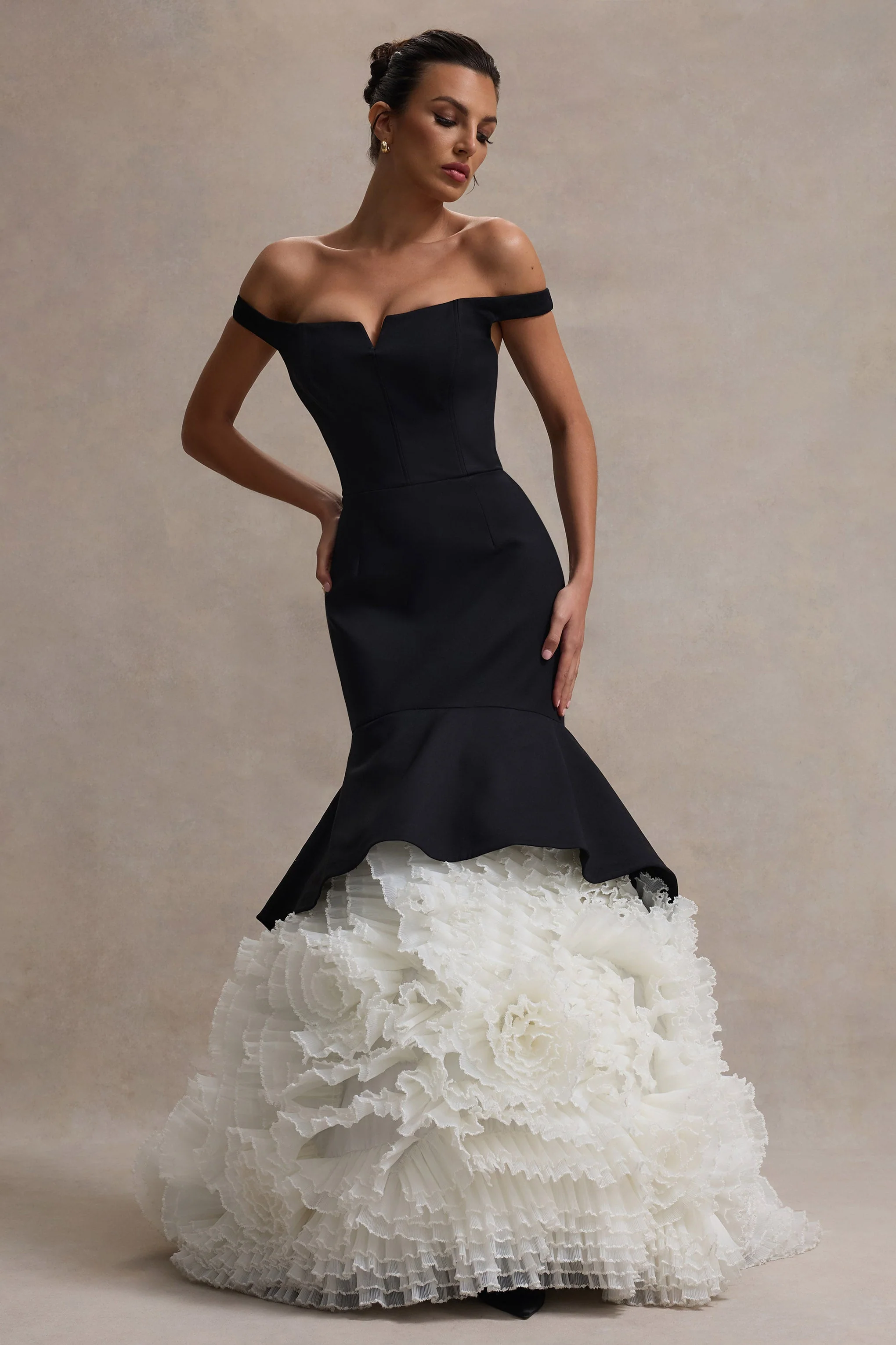 Black & Cream Bardot Maxi Dress With Tulle Skirt