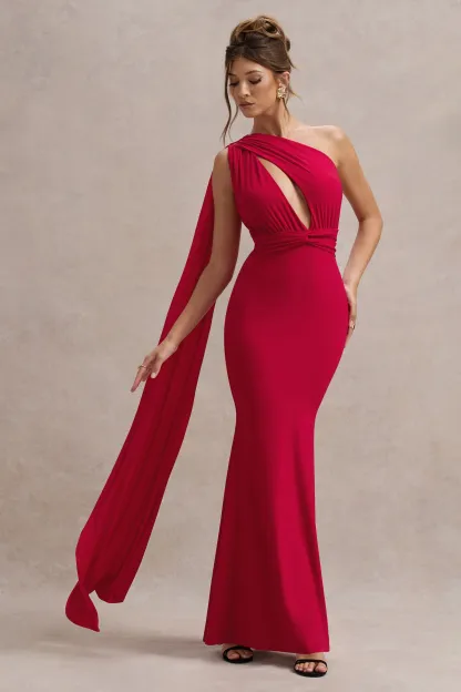 Red Asymmetric Knot Maxi Dress With Sash