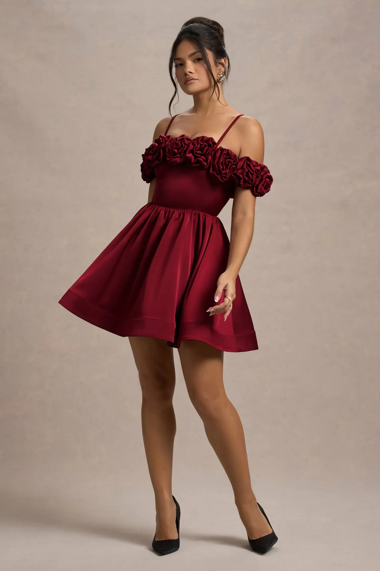 Berry Satin Floral Skater Mini Dress