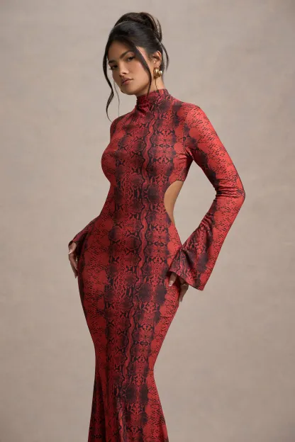 Red Snake Print High-Neck Cut-Out Maxi Dress