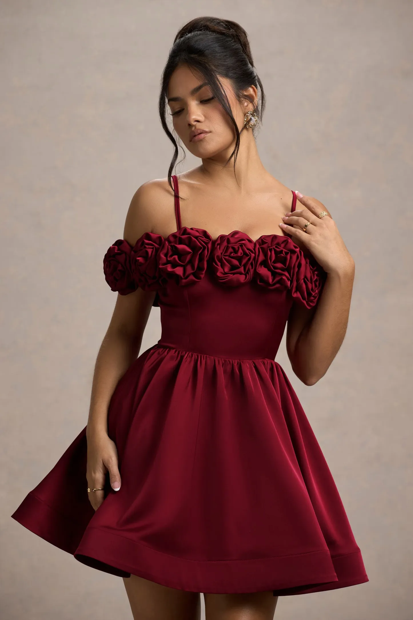 Berry Satin Floral Skater Mini Dress