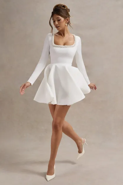 White Square-Neck Long-Sleeve Skater Mini Dress