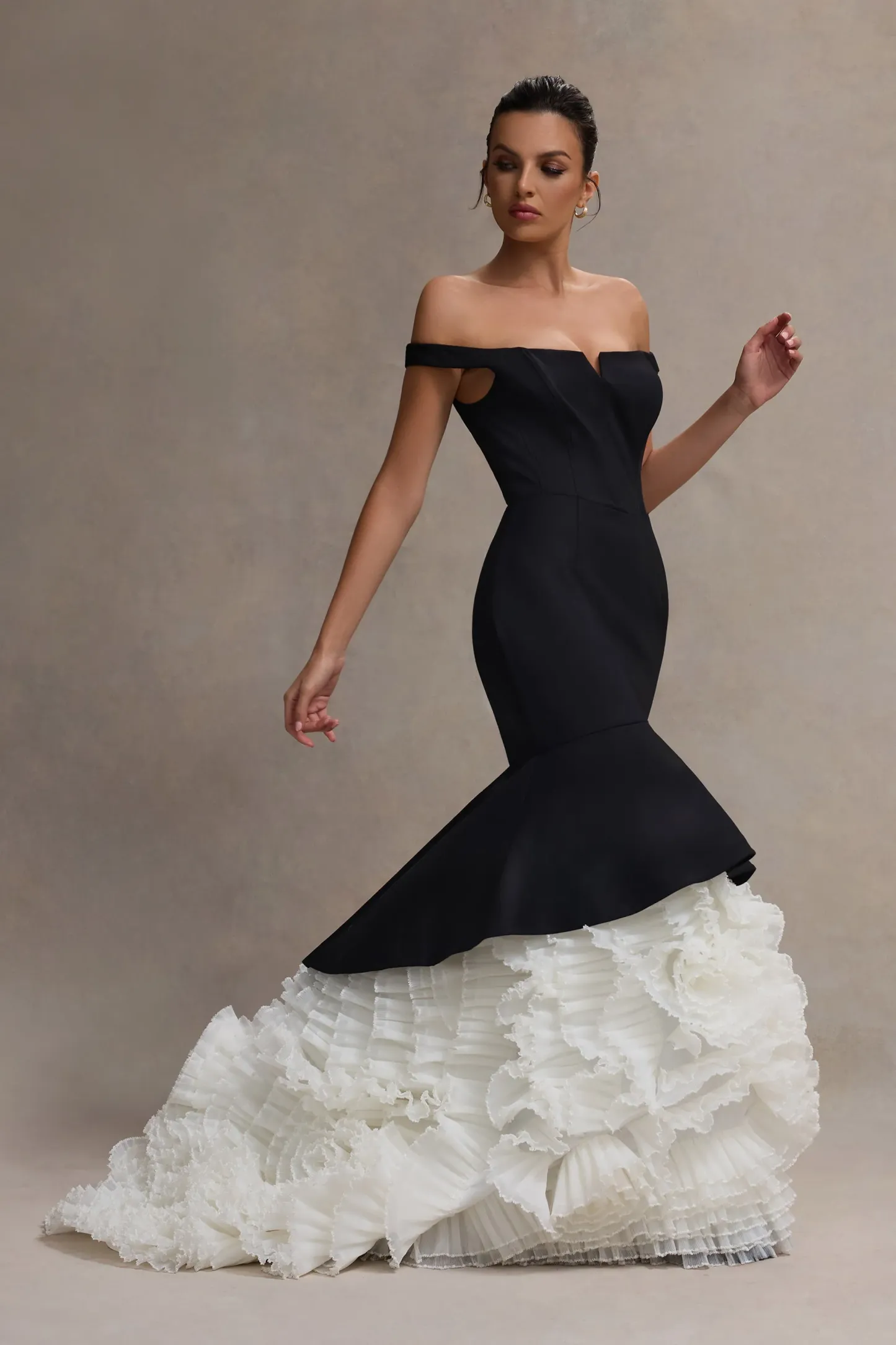 Black & Cream Bardot Maxi Dress With Tulle Skirt