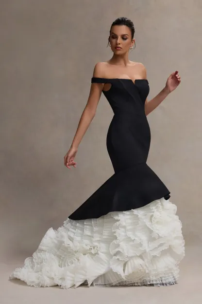 Black & Cream Bardot Maxi Dress With Tulle Skirt