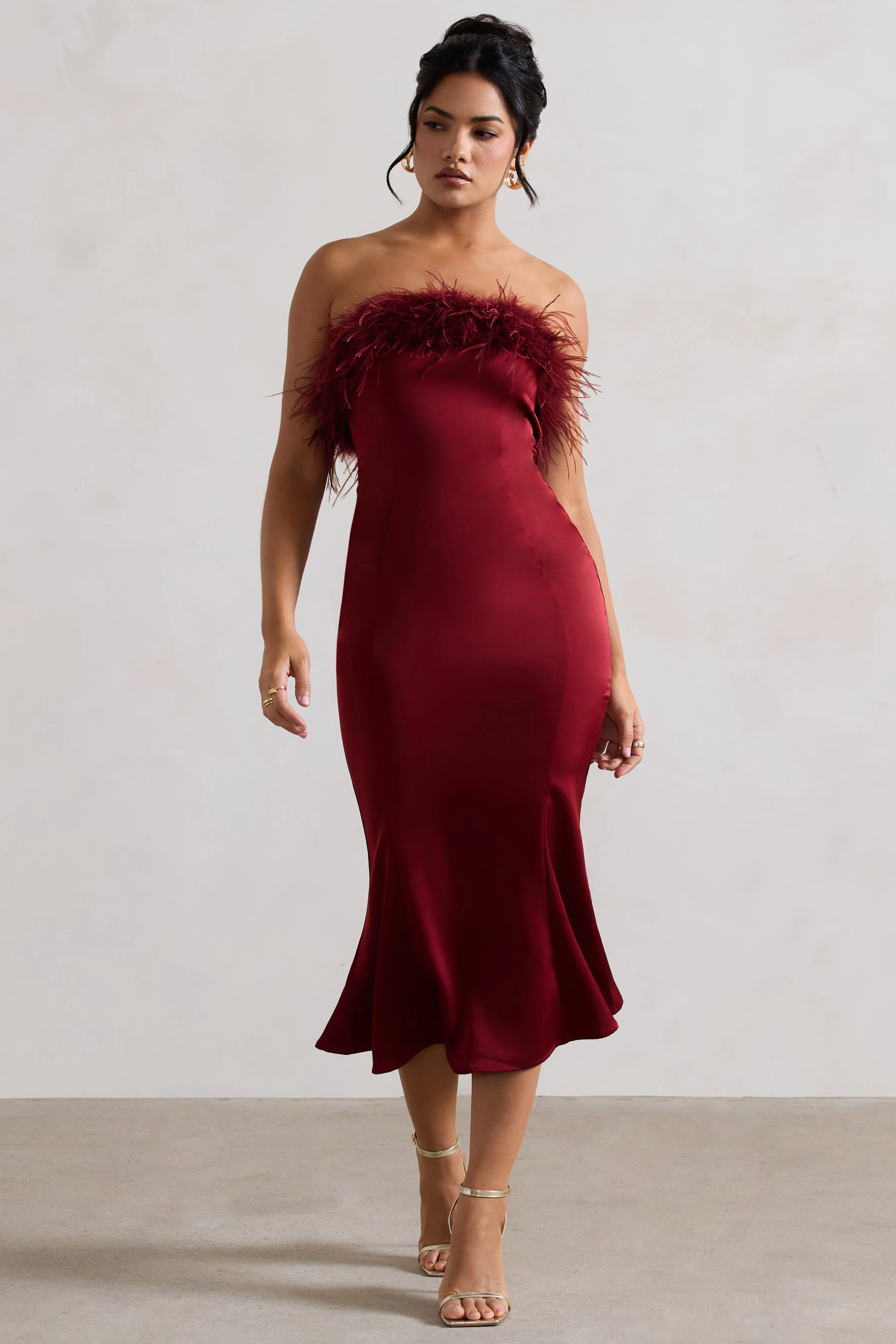 Berry Satin Feather Trim Bandeau Midi Dress