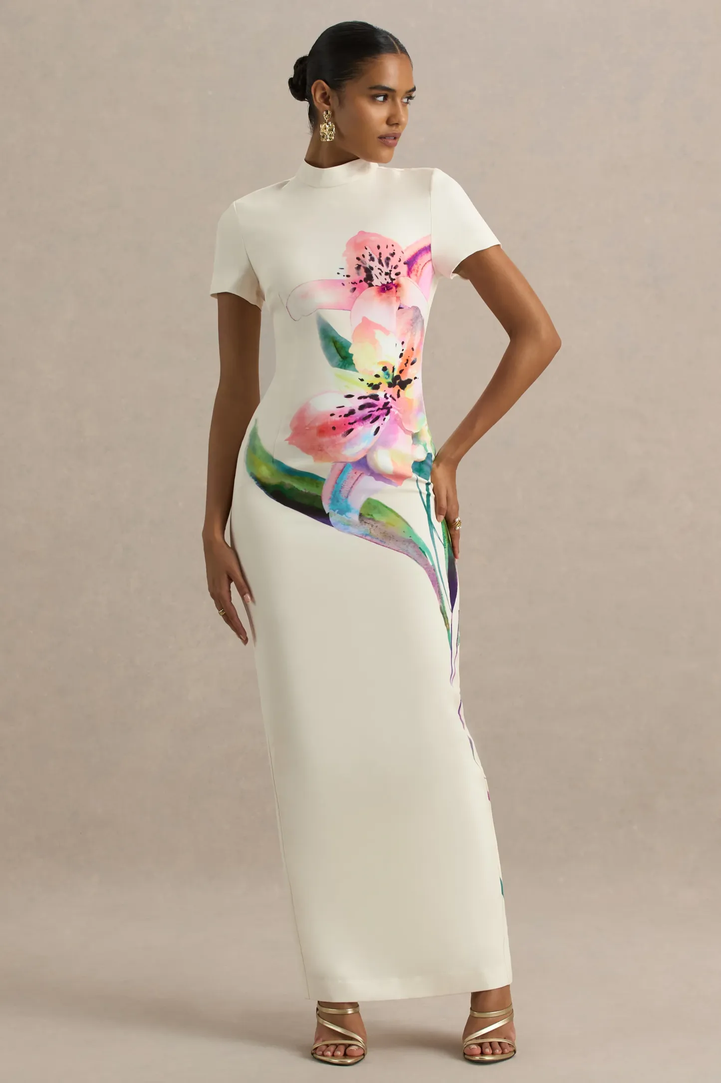 White Lily Print High-Neck Maxi Dress